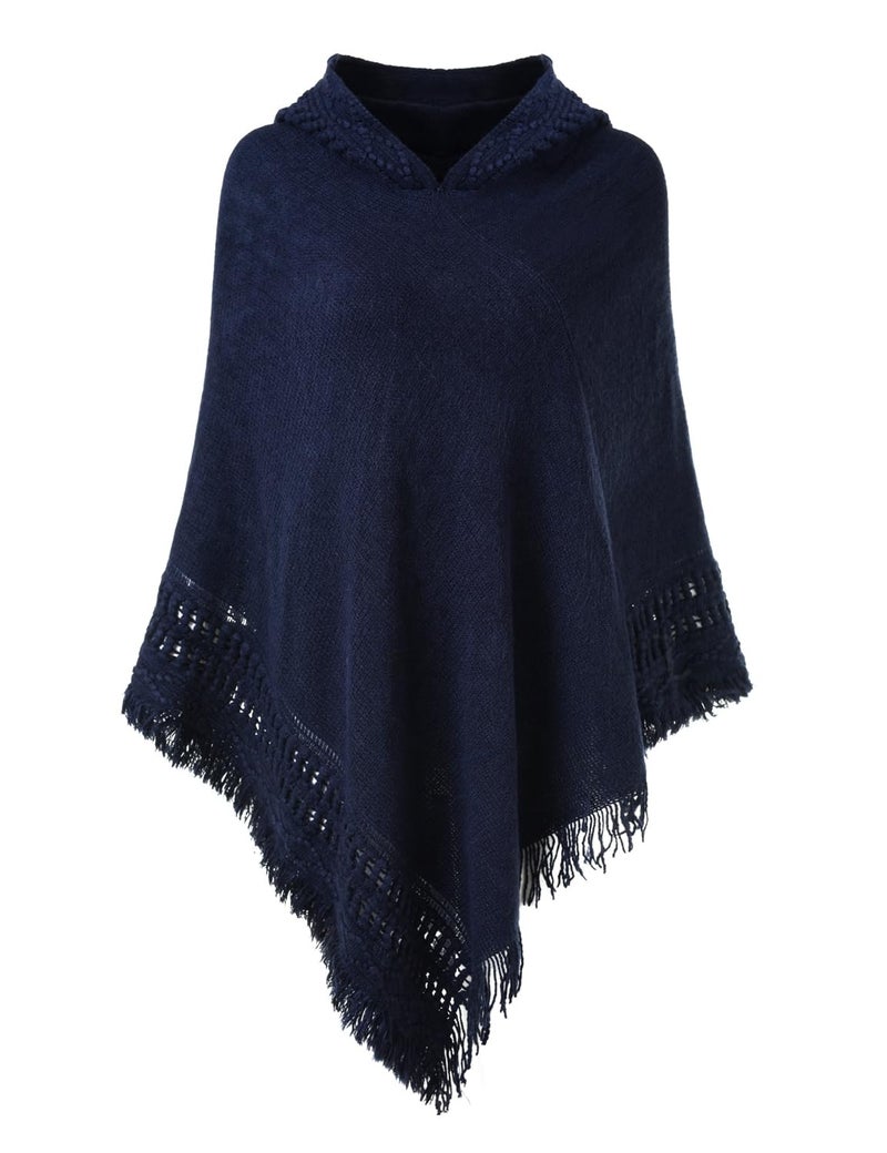 Ferand Ladies' Hooded Cape with Fringed Hem, Crochet Poncho Knitting Patterns for Women, Navy Blue - Image 1